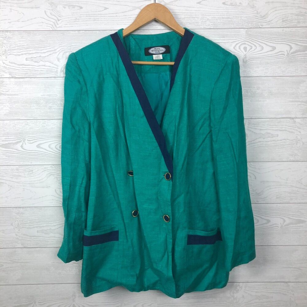 VTG Kate McNaughton Women's 14W Long Sleeve Blazer Teal Green Rayon/Linen Blend